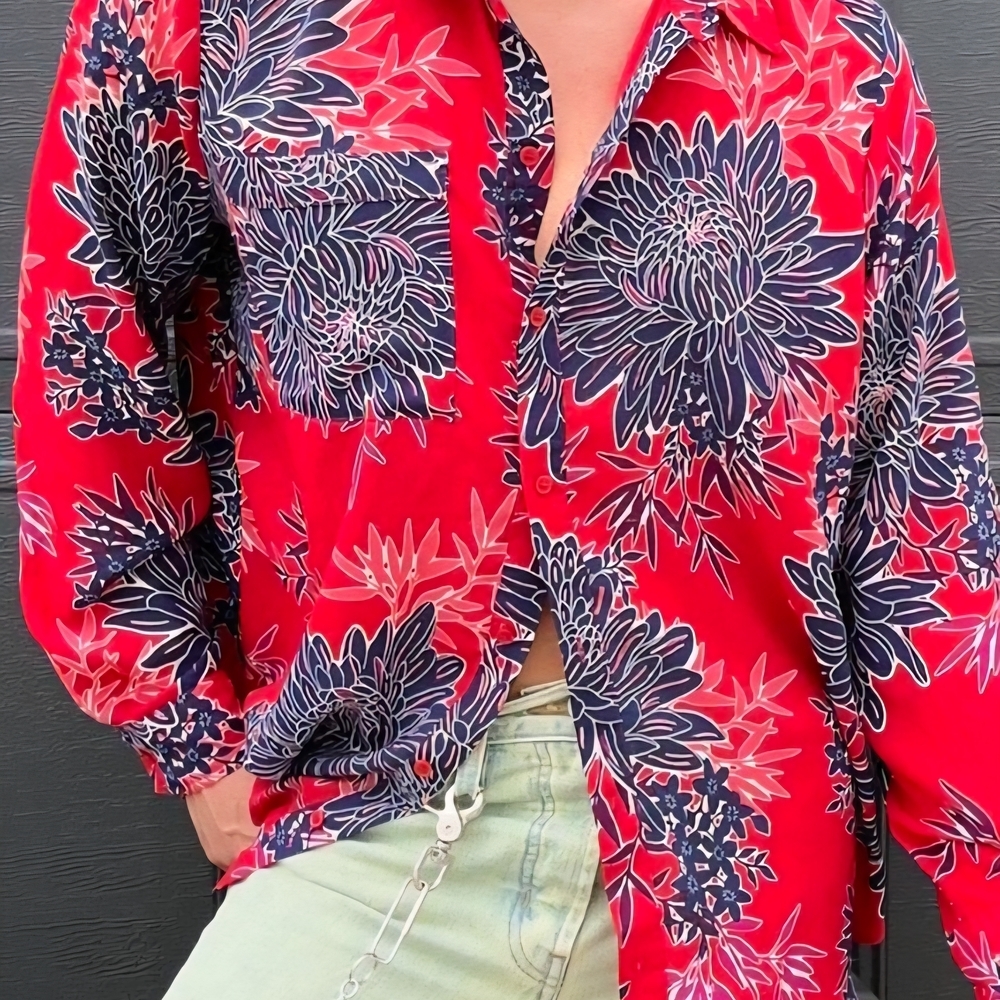 Liz Claiborne Red and Blue Boxy Dress Shirt Tropical Resort Vacation
